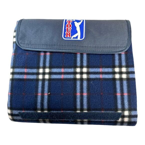 PGA Tour Plaid Picnic Blanket With Carry Handle Waterproof Backing Blue Stadium - Picture 2 of 7